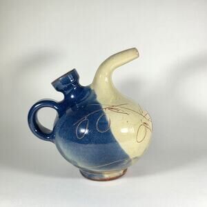 Handmade Studio Pottery Small Pitcher / Bud Vase Blue & Tan Glaze